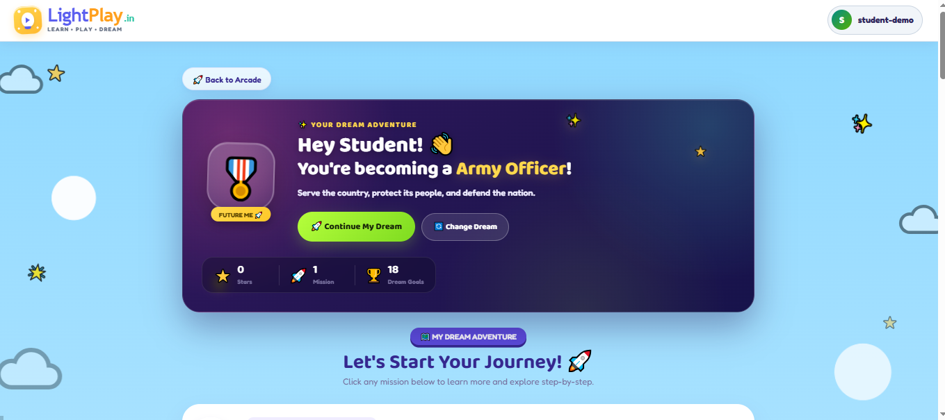 LightPlay student dashboard